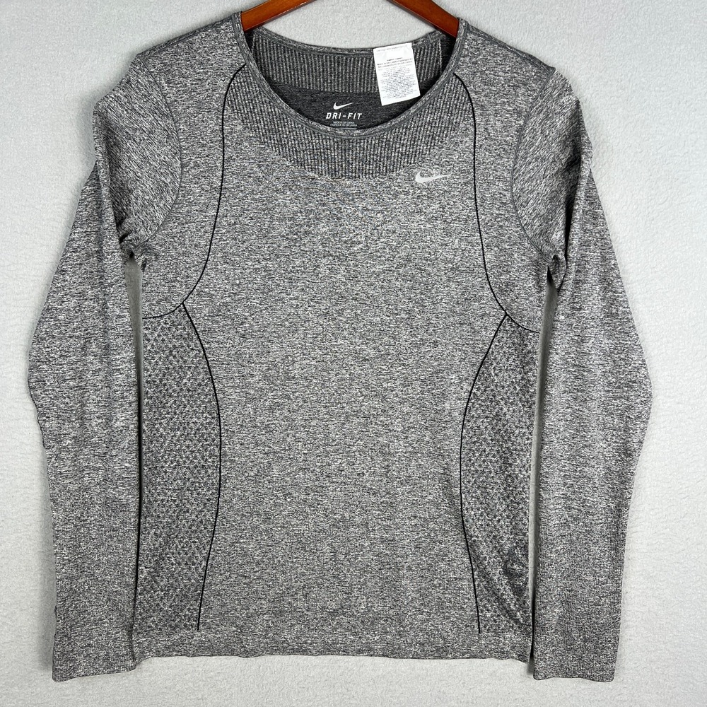 Nike Knit Long Sleeve Training Top Womans L Gray Dri FIT Activewear Stretch Run